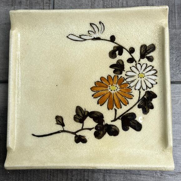 Vintage Asian Hand Painted Fall Daisy Coaster Sushi Plate Wood Box Set of 5 - Picture 2 of 7